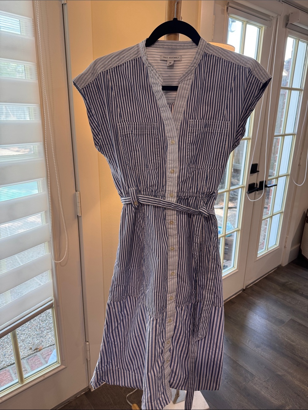 Striped Midi Shirt Dress with Waist Tie - Blue & White